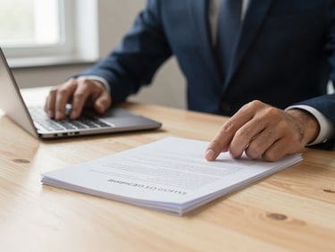 Manos profesionales revisando documentos legales importantes sobre una mesa de madera clara, con un portátil abierto en segundo plano, luz natural.