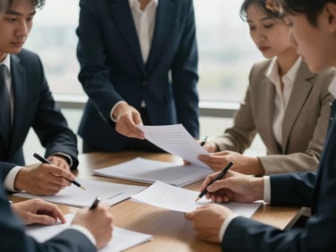 Close-up of a diverse group of professionals in a modern office, collaborating on legal documents with soft natural window light, deep navy and warm gold tones, shallow depth of field, 35mm
