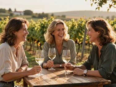 A candid medium shot of three midlife women laughing over glasses of white wine at an outdoor wooden table in a sunny vineyard, warm golden hour lighting