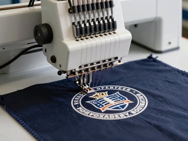 A high-speed industrial computer embroidery machine stitching a complex corporate emblem onto dark navy fabric, sharp focus on the needle and thread tension, clean studio lighting.