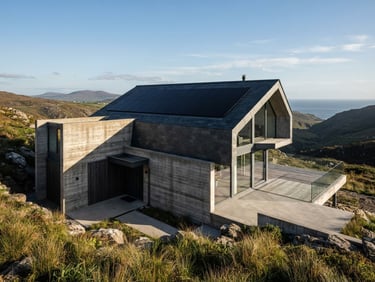 Wide architectural exterior photography of a minimalist concrete home, sharp afternoon sunlight, deep shadows, matte black flush-mount solar panels integrated seamlessly into a slate roof, wide-angle lens