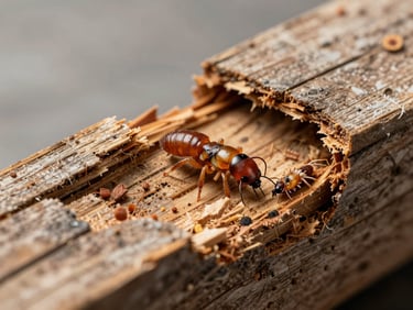 Close-up of damaged structural wood showing drywood termite activity, clean lighting.