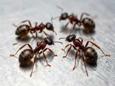 Macro shot of garden ants on a clean sterile steel surface, high magnification, clinical focus.