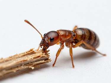 Macro biology photo of drywood termites consuming wood fibers, clean background, sharp focus.