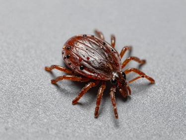 Macro scientific image of a tick on a neutral gray background, clean studio lighting.