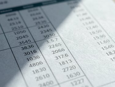 Macro shot of a printed financial statement with clean columns of numbers, sharp architectural shadows on textured heavy paper, overcast natural light, 35mm