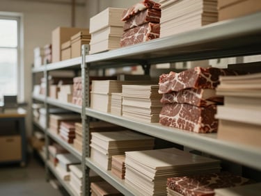 Close-up of organized raw materials and inventory on clean shelves in a well-lit manufacturing facility, warm ambient lighting, rich desaturated tones