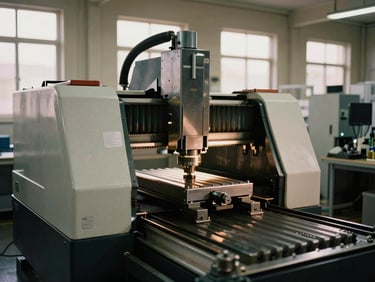 A high-precision CNC machine operating on a clean factory floor, warm ambient light catching metallic surfaces, documentary style