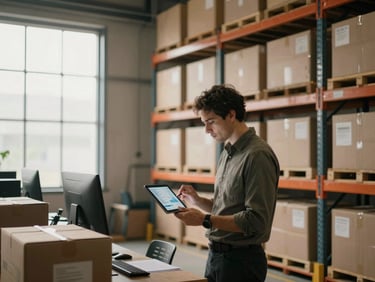 Warm editorial shot of a modern distribution warehouse office, a manager analyzing logistics data on a tablet, soft window light, medium format feel