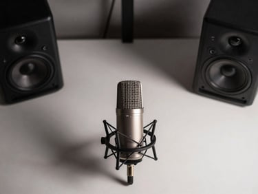 Top-down flat-lay of a modern creator desk setup with an anodized aluminum microphone and studio monitor under moody shadows