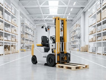 Low-angle hero shot of a stationary electric counterbalance forklift in a bright, high-key modern warehouse, clean white and light gray tones, sharp focus, 35mm lens