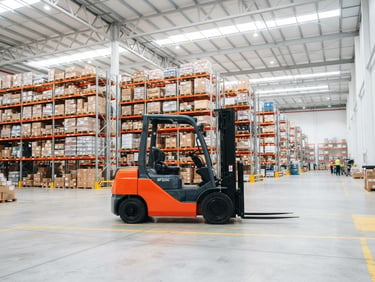 Bright industrial photography of stationary counterbalance forklifts inside a high-key, modern logistics warehouse in Western Melbourne, 35mm lens