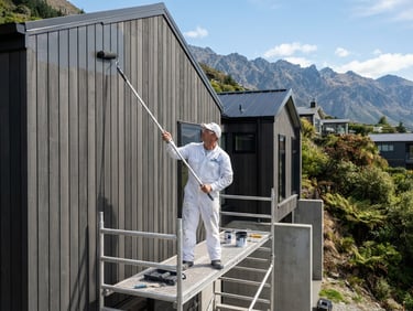 Professional painter in a clean uniform using an extension pole to paint a high exterior wall of a modern New Zealand architectural home, bright natural daylight, sharp focus.