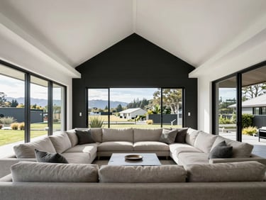 Immaculate completed modern living room with crisp white paint lines on high ceilings, bright natural daylight streaming through large windows.