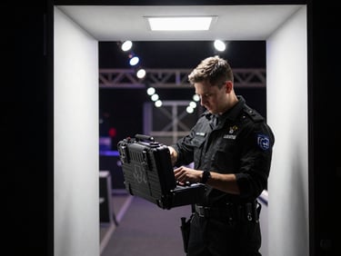 Medium shot of a medic in black event gear checking an advanced medical kit in a dimly lit arena corridor, stage lights visible through a doorway, high-contrast, 35mm lens