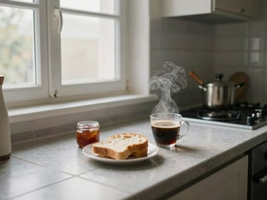 Close environmental shot of a light-filled apartment kitchen, breakfast things on the counter — a half-eaten piece of bread, a small pot of jam, morning coffee steaming — north-facing window casting soft even light across the tile surface
