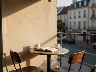 Sunlit European apartment terrace with a small bistro table and two chairs, morning coffee cups, a paperback book face-down, warm plaster wall behind, quiet residential street below