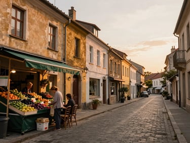 Wide eye-level shot of a quiet European neighborhood street at golden hour, a small produce market on the left with locals browsing, a café with two chairs outside, warm amber light on aged plaster facades, no tourists visible