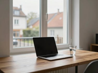 Home office corner in a bright European apartment, a closed laptop on a clean wooden desk, a glass of water beside it, large window showing a quiet residential courtyard, no clutter, north-facing daylight