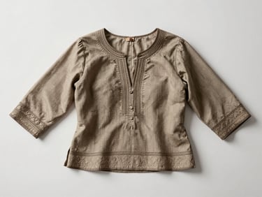 Frontal studio shot of a women's woven blouse laid flat on a matte white surface, diffuse overhead light revealing fabric drape and collar detail, neutral background, no lifestyle context