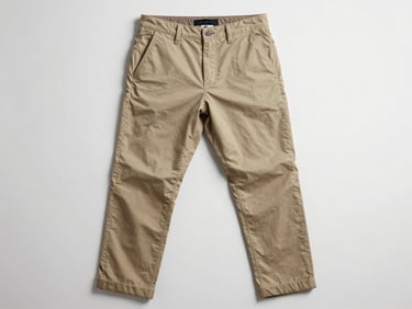 Frontal studio shot of a men's structured chino trouser laid flat on a matte white surface, diffuse even lighting showing fabric weave and seam construction, neutral background, no lifestyle context
