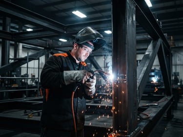 Action shot of a certified welder in protective gear working on heavy steel structures, high-contrast industrial lighting, orange sparks flying, 35mm lens