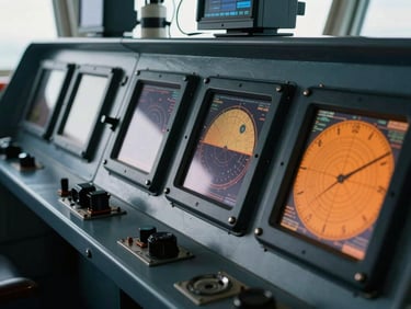 Close-up of complex marine electronics and navigation screens inside a ship bridge, cool steel tones, 35mm lens