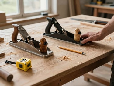 Wide shot of a workshop table with tools laid out — a hand plane, measuring tape, pencil marks on timber — a person's forearm visible at the edge, daylight through a window, sawdust on the surface