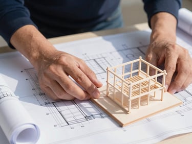 Close-up of civil engineering judge's hands reviewing blueprints and structural model, bright natural daylight, high-contrast, technical details.