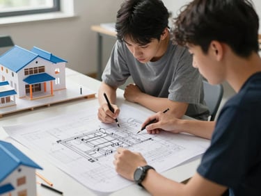 Students collaborating over a blueprint on a large desk, structural models in the background, bright natural daylight, crisp technical photography.