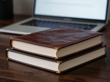 Macro shot of physical leather-bound academic journals stacked neatly on a dark walnut desk, a modern laptop screen glowing softly in the background, low-key dramatic lighting.