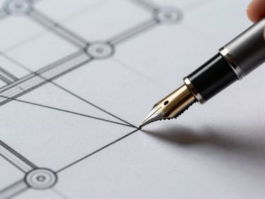 Close-up of a fountain pen drawing a precise, clean geometric line across a blueprint of architectural nodes, dark studio lighting