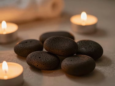 Close-up of smooth hot volcanic stones placed on a back, soft candle light, warm spa atmosphere