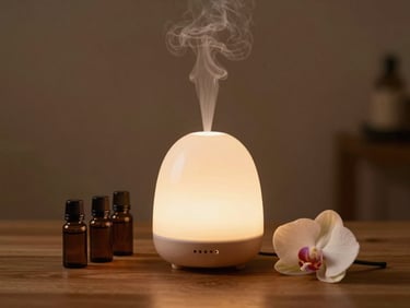 Aromatherapy diffuser with gentle vapor, fresh orchids, and essential oil bottles on a wooden surface, warm background