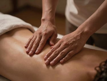 Close-up of hands performing a traditional massage with warm aromatherapy oil, soft ambient lighting, shallow depth of field