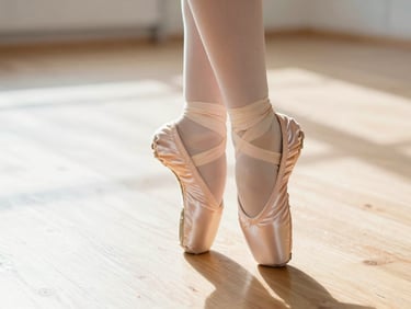 A close-up of pink satin pointe shoes laced around a dancer's ankles, standing on a sun-drenched light wood studio floor, 35mm