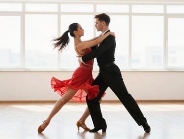 A ballroom dance pair mid-spin, sharp focus on their dynamic stance, bright high-key studio background, 35mm