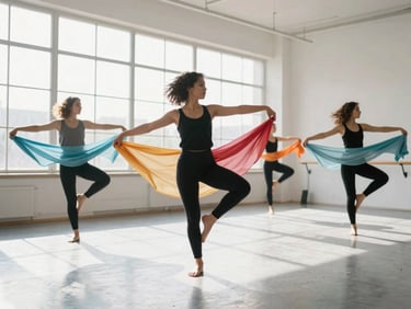 Dancers in motion, fluid fabric trailing, bright natural daylight streaming through large studio windows, 35mm