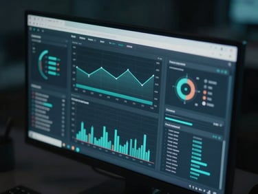 Close-up of a high-tech dashboard displaying real-time analytics on a curved monitor, cool-toned ambient glows, dark background