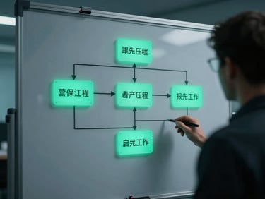 Close-up of a developer whiteboarding system architecture, cool-toned ambient glow, electric teal accents, cinematic corporate photography.