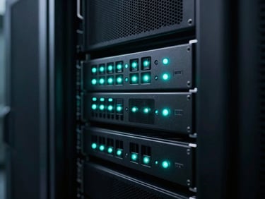 Low-key dramatic photo of a modern server rack with electric teal indicator lights, shallow depth of field, cool-toned ambient glow, cinematic corporate photography.