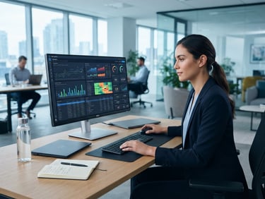 Modern corporate office, professional analyzing financial data on a clean dashboard, bright cool-toned daylight, 35mm lens, focused on data, organized digital workspace.