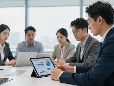 Professionals collaborating around a tablet displaying charts, modern meeting room, bright cool-toned daylight, professional and sharp, 35mm lens