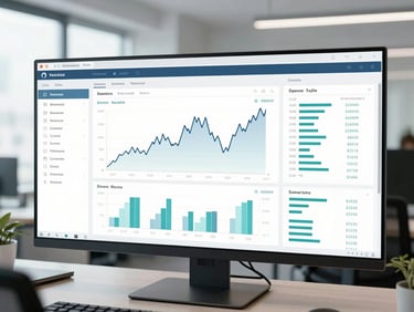 Digital dashboard displaying financial data, organized workspace, bright cool-toned daylight, professional and sharp, 35mm lens