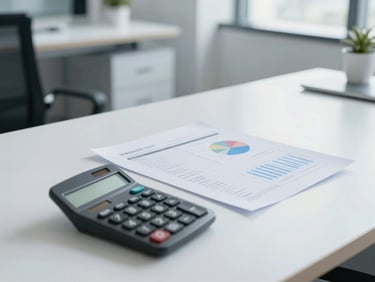 Modern office desk with a financial report and a calculator, bright cool-toned daylight, professional and sharp, 35mm lens