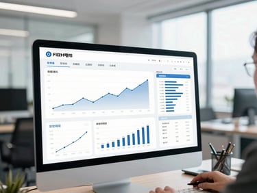 Modern corporate environment, focused professional analyzing financial data on a clean dashboard, bright cool-toned daylight, 35mm lens