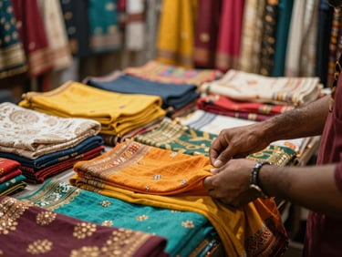Hands sorting vibrant traditional fabrics inside a bustling Dhaka clothing shop, soft ambient indoor lighting, close-up details