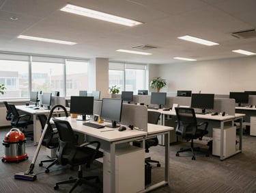 Wide environmental shot of an empty office space at the start of a cleaning job — rows of desks with monitors, overhead fluorescent light supplemented by natural daylight from a far window, a vacuum cleaner visible in the left foreground, no staff present
