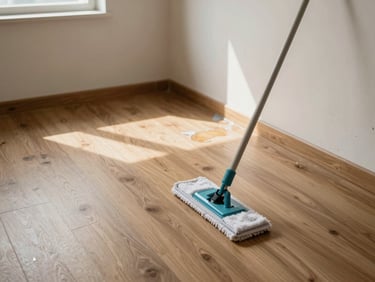 Overhead shot of an empty room mid-clean — bare floors with cleaning solution pooled near the baseboard, a mop handle cutting diagonally through the frame, natural light from an uncovered window, no furniture, walls showing scuff marks