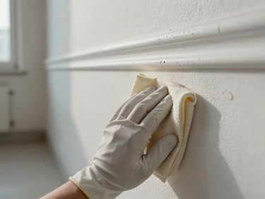 Extreme close-up of a gloved hand wiping a grimy white baseboard in a vacant apartment, natural daylight from a nearby window, the contrast between the cleaned and uncleaned portion of the baseboard clearly visible, shot tight against the wall surface